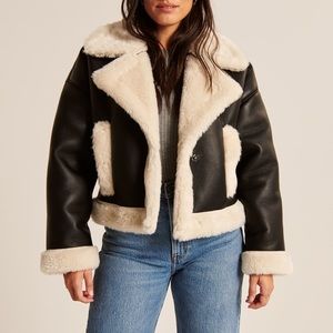 Oversized Short Sherpa-Lined Vegan Leather Coat